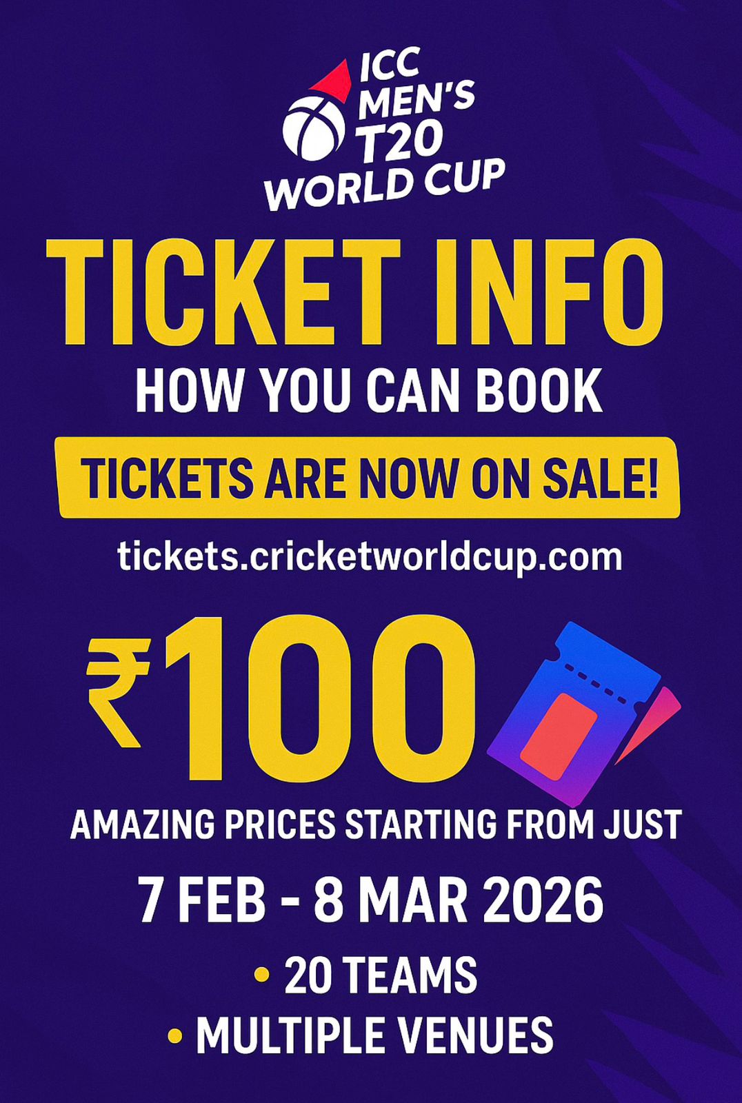 T20 World Cup 2026 Tickets Go on Sale: Prices Start at Just ₹100 as India & Sri Lanka Prepare for a Historic Tournament